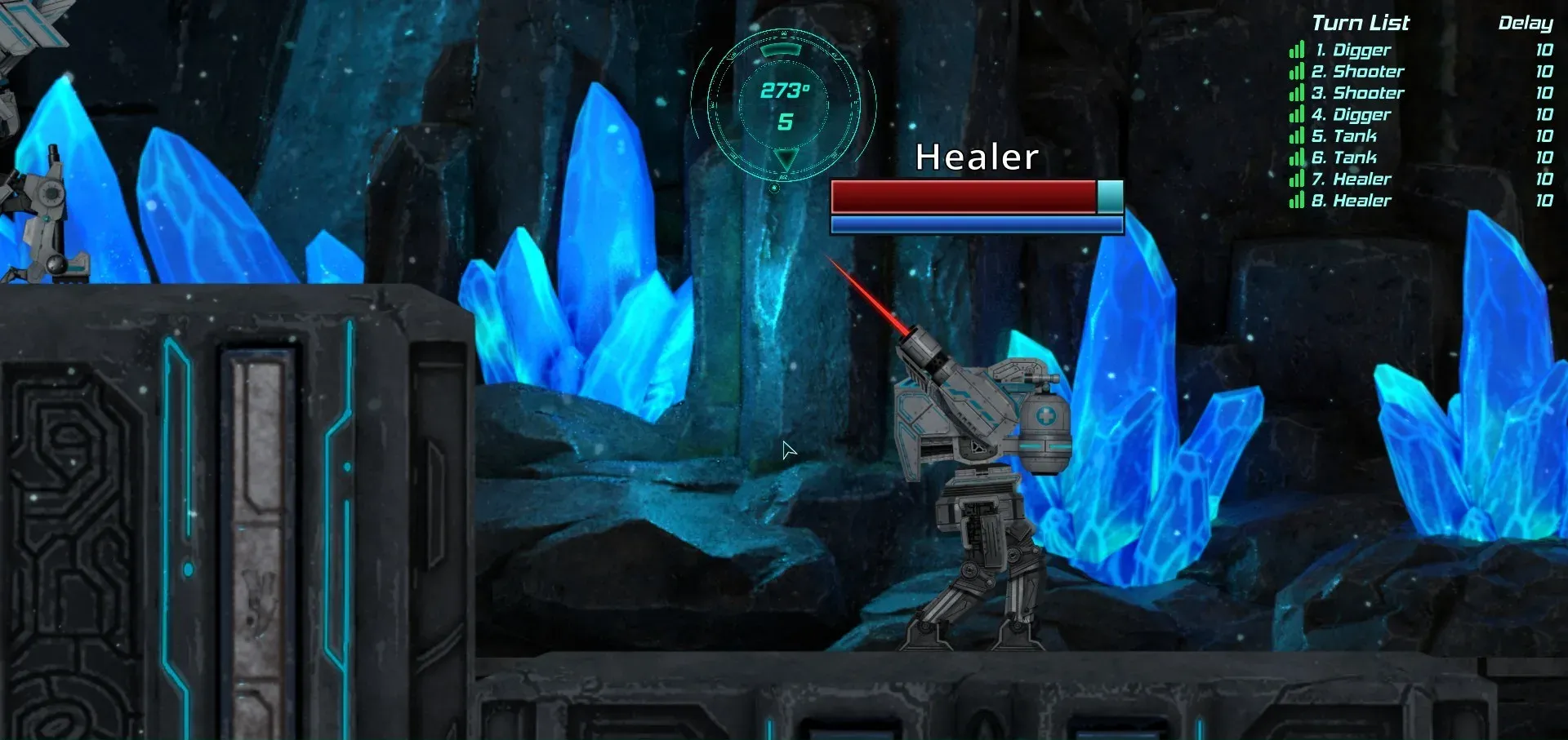 A Healer mech in a cavern lit by blue crystals.