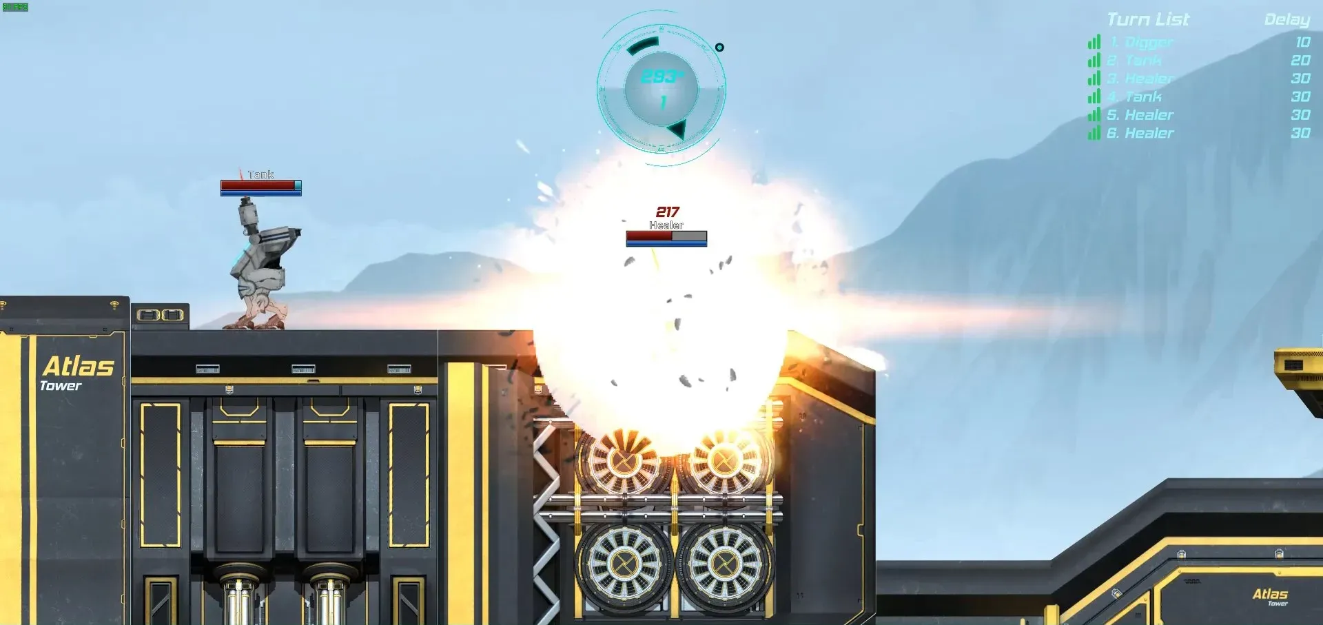 A mech takes a direct hit on a raised metal platform.