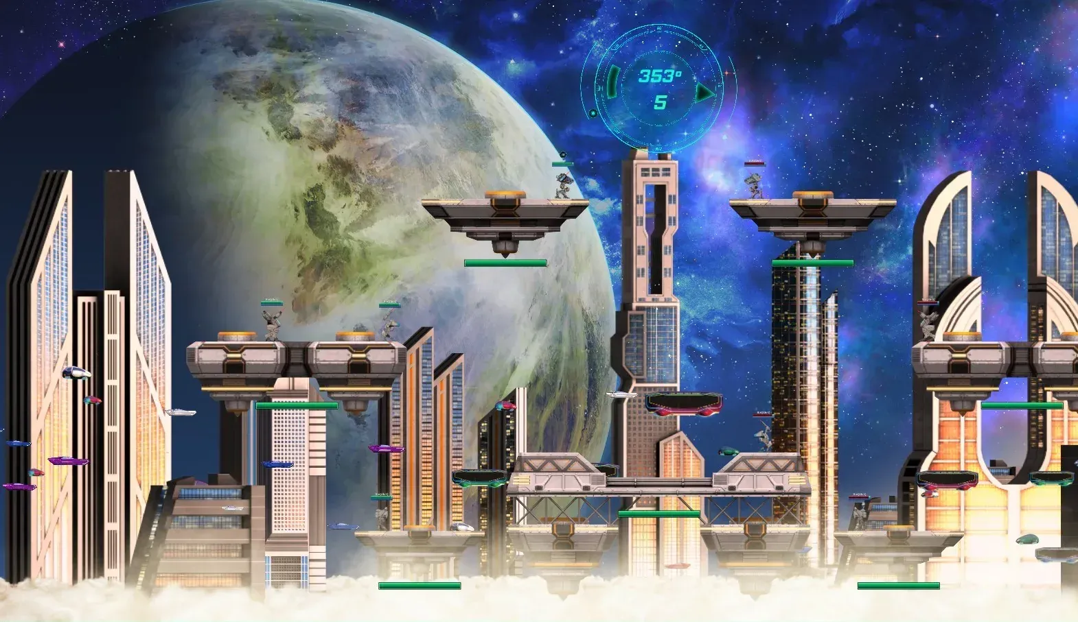 An orbital map, towers silhouetted against a planet.