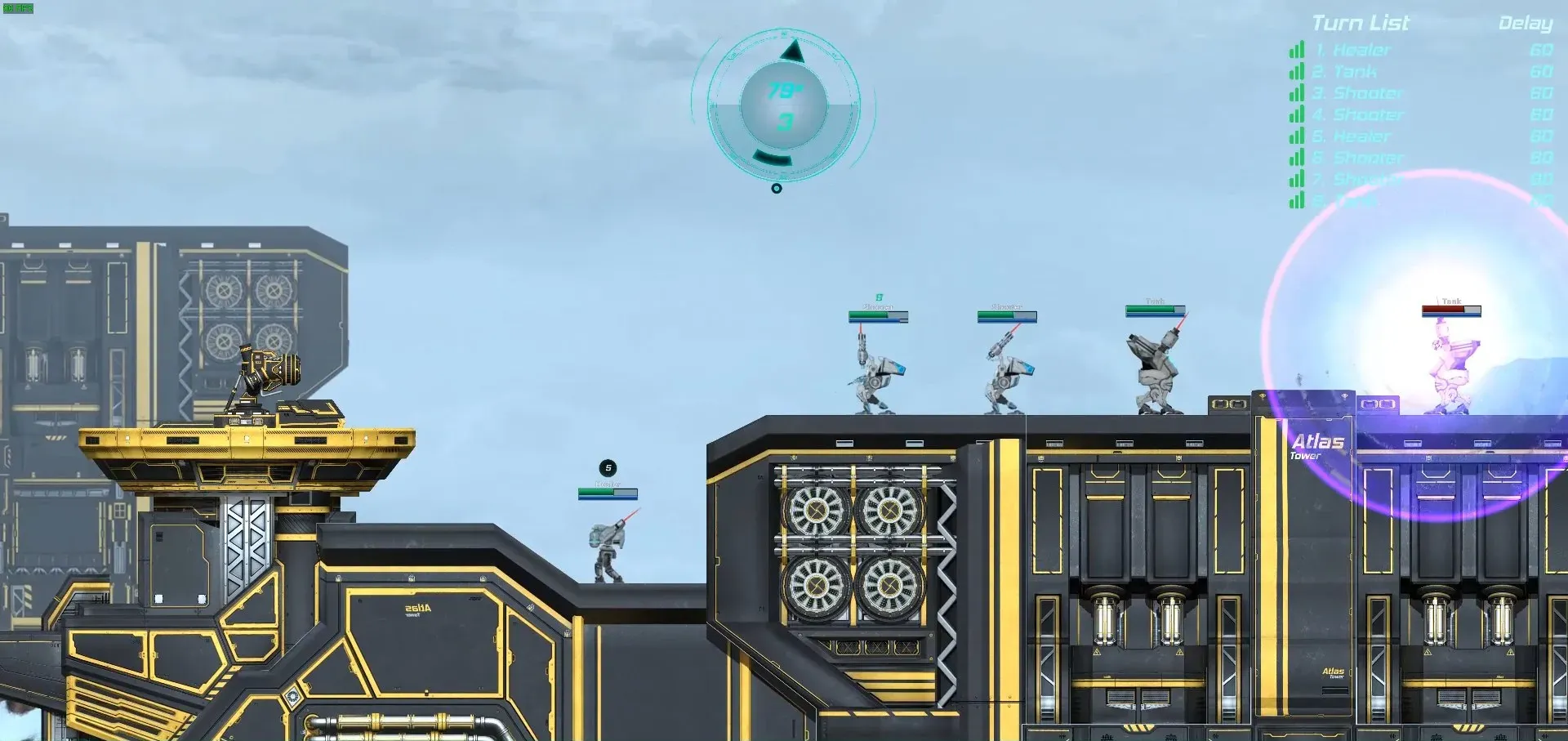 A shield bubble covers a mech on a wide industrial map.
