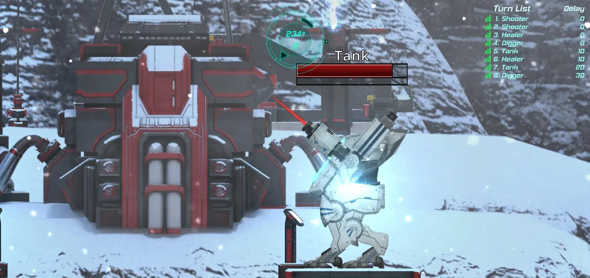 A Tank mech fires across a snowfield at a red hangar.